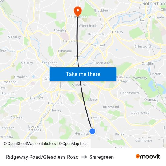 Ridgeway Road/Gleadless Road to Shiregreen map