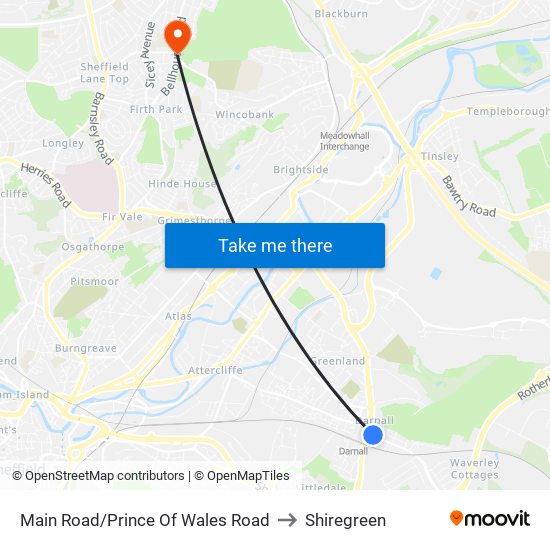 Main Road/Prince Of Wales Road to Shiregreen map