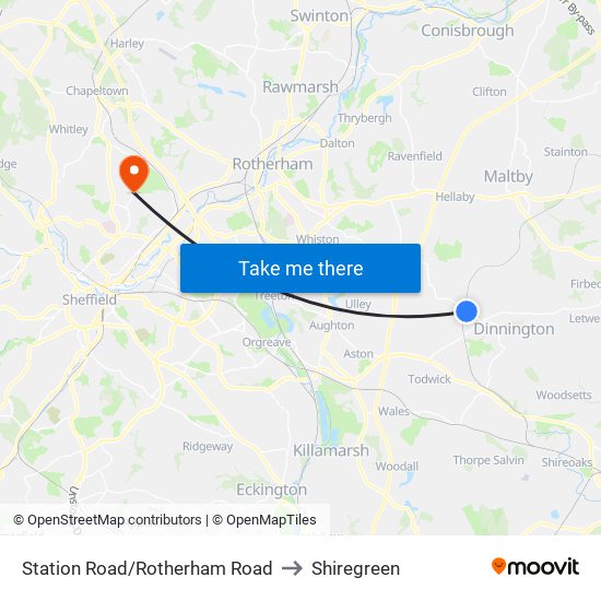 Station Road/Rotherham Road to Shiregreen map