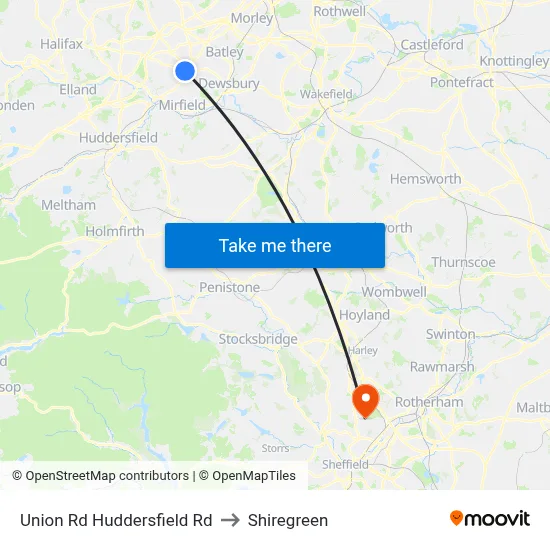Union Rd Huddersfield Rd to Shiregreen map