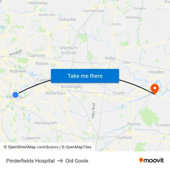 Pinderfields Hospital to Old Goole map