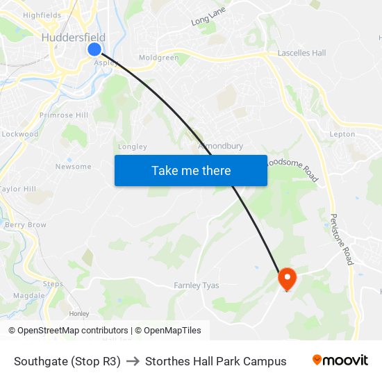 Southgate (Stop R3) to Storthes Hall Park Campus map