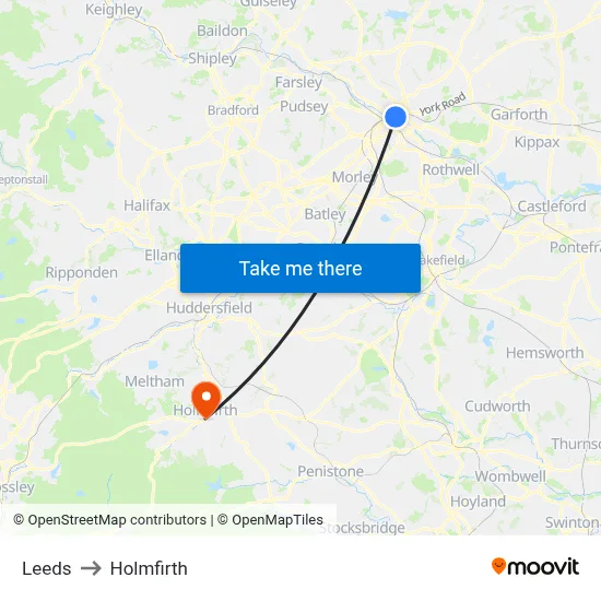 Leeds to Holmfirth map