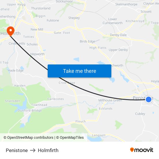 Penistone to Holmfirth map