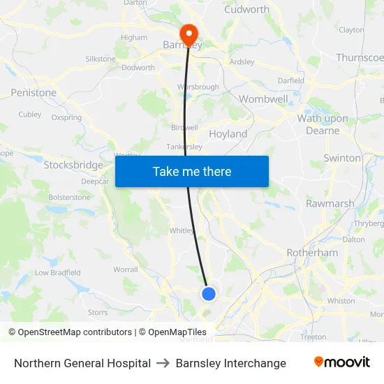 Northern General Hospital to Barnsley Interchange map