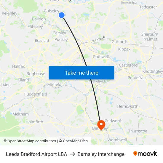 Leeds Bradford Airport LBA to Barnsley Interchange map