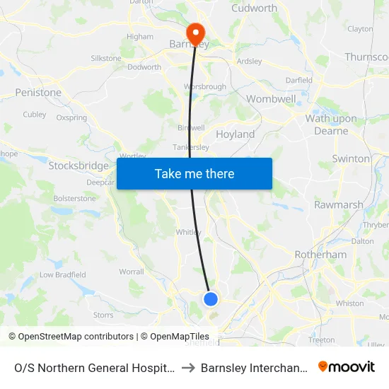 O/S Northern General Hospital to Barnsley Interchange map