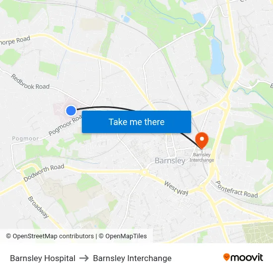 Barnsley Hospital to Barnsley Interchange map