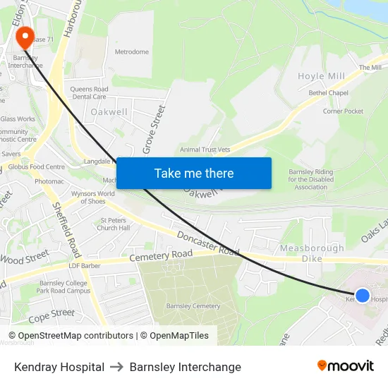 Kendray Hospital to Barnsley Interchange map