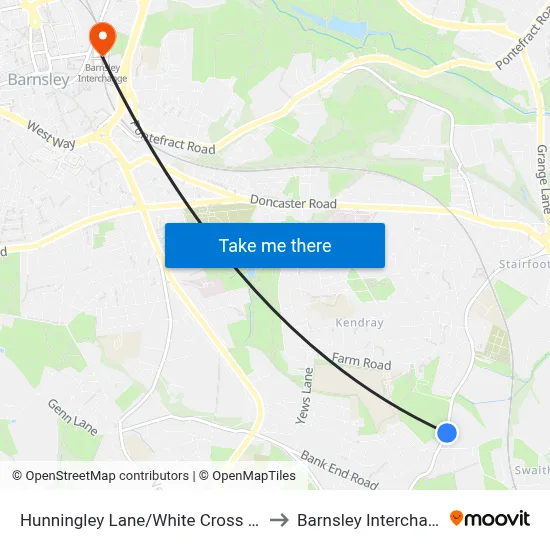 Hunningley Lane/White Cross Lane to Barnsley Interchange map