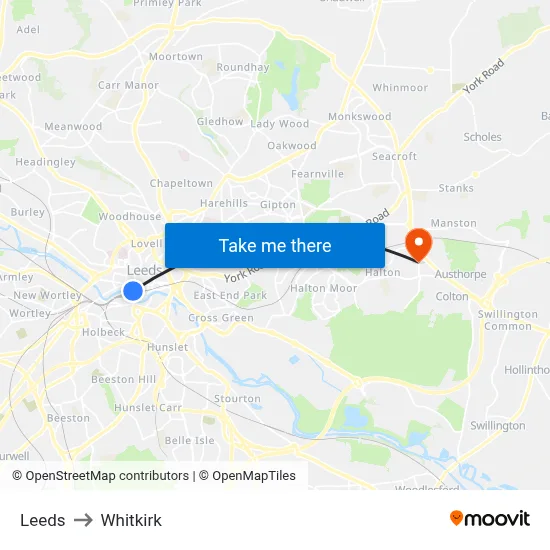 Leeds to Whitkirk map