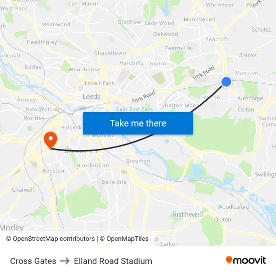 Cross Gates to Elland Road Stadium map