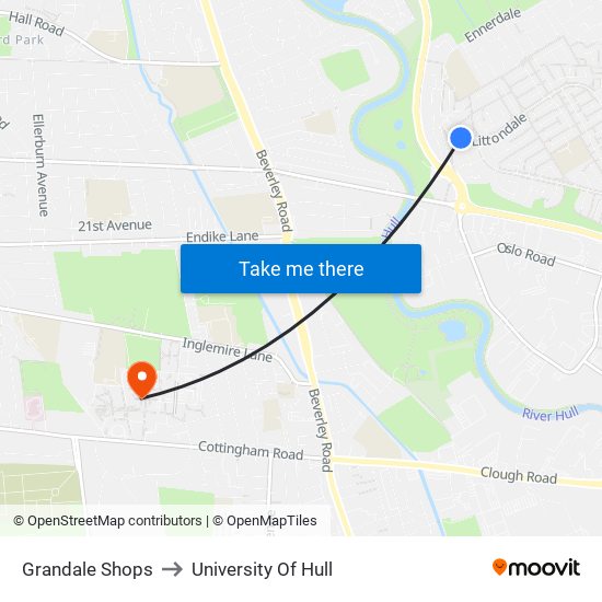 Grandale Shops to University Of Hull map