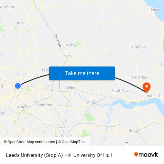 Leeds University (Stop A) to University Of Hull map