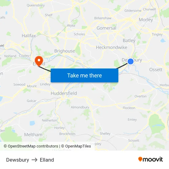 Dewsbury to Elland map