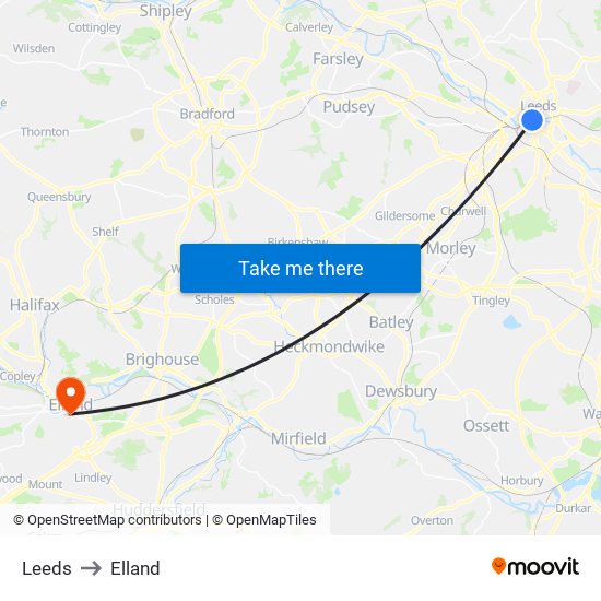 Leeds to Elland map