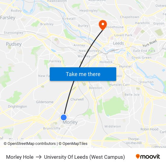 Morley Hole to University Of Leeds (West Campus) map