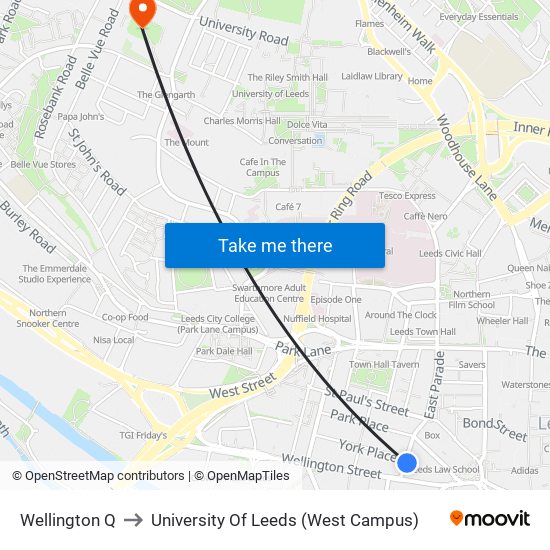 Wellington Q to University Of Leeds (West Campus) map