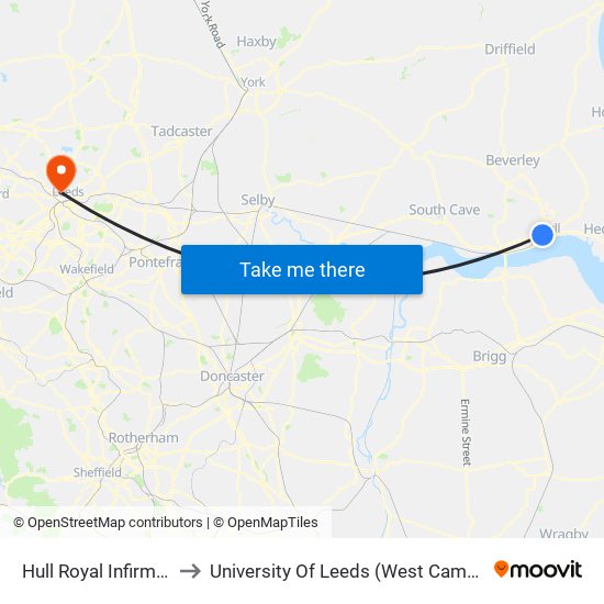 Hull Royal Infirmary to University Of Leeds (West Campus) map