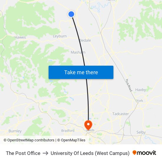 The Post Office to University Of Leeds (West Campus) map