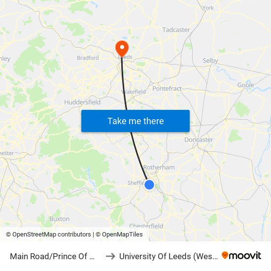 Main Road/Prince Of Wales Road to University Of Leeds (West Campus) map