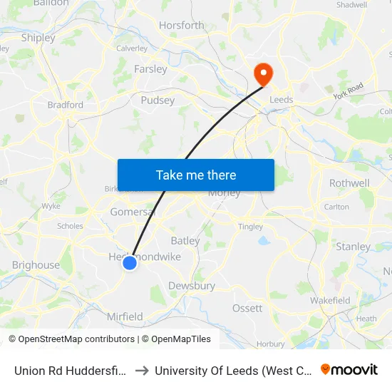 Union Rd Huddersfield Rd to University Of Leeds (West Campus) map