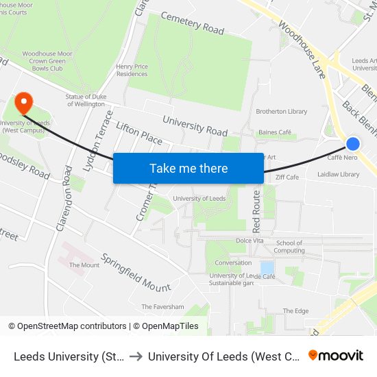 Leeds University (Stop A) to University Of Leeds (West Campus) map