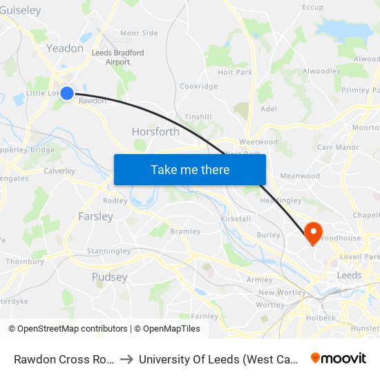 Rawdon Cross Roads to University Of Leeds (West Campus) map