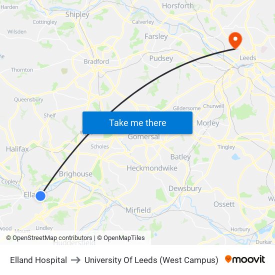 Elland Hospital to University Of Leeds (West Campus) map
