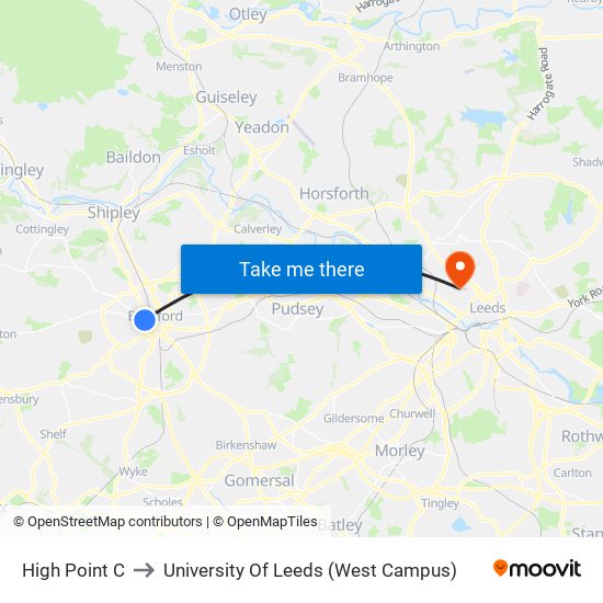 High Point C to University Of Leeds (West Campus) map