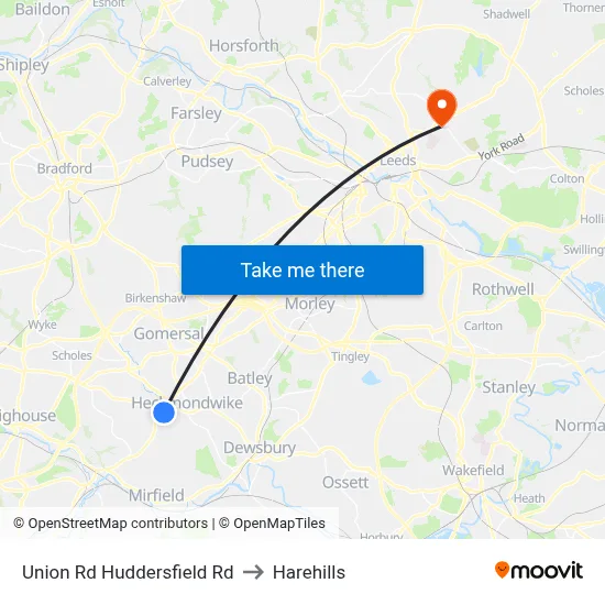 Union Rd Huddersfield Rd to Harehills map