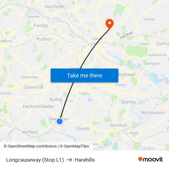 Longcauseway (Stop L1) to Harehills map