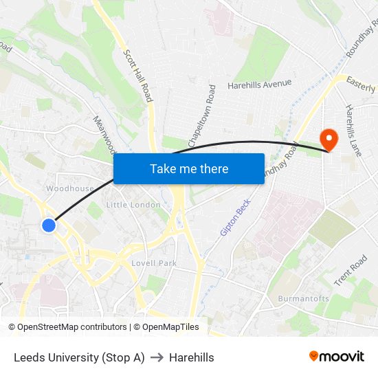 Leeds University (Stop A) to Harehills map