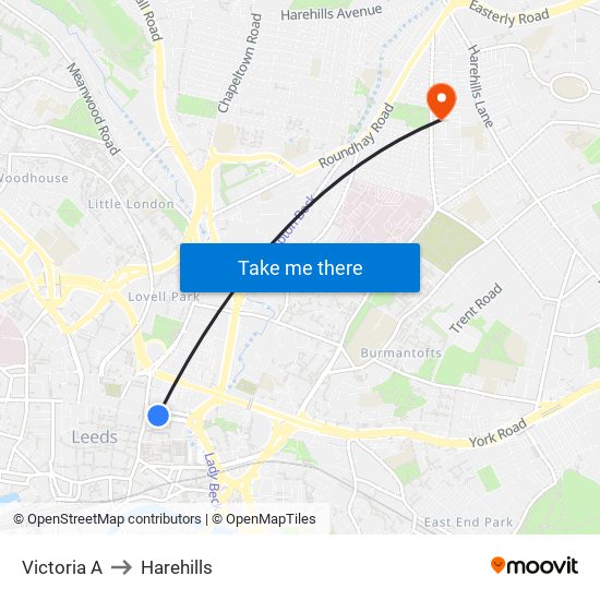 Victoria A to Harehills map