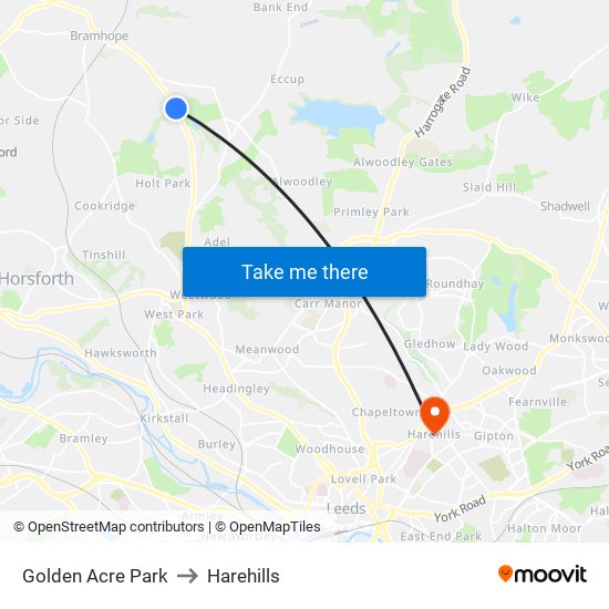 Golden Acre Park to Harehills map