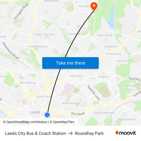 Leeds City Bus & Coach Station to Roundhay Park map