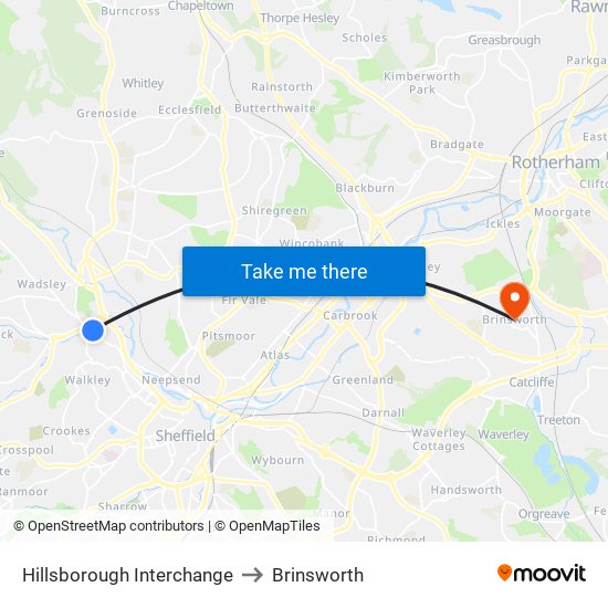 Hillsborough Interchange to Brinsworth map