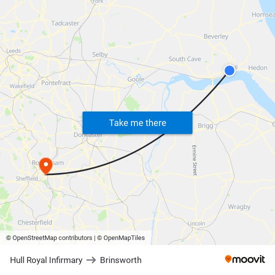 Hull Royal Infirmary to Brinsworth map