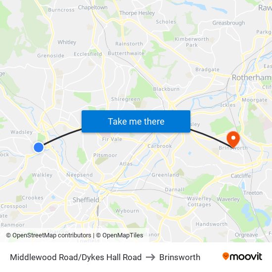 Middlewood Road/Dykes Hall Road to Brinsworth map