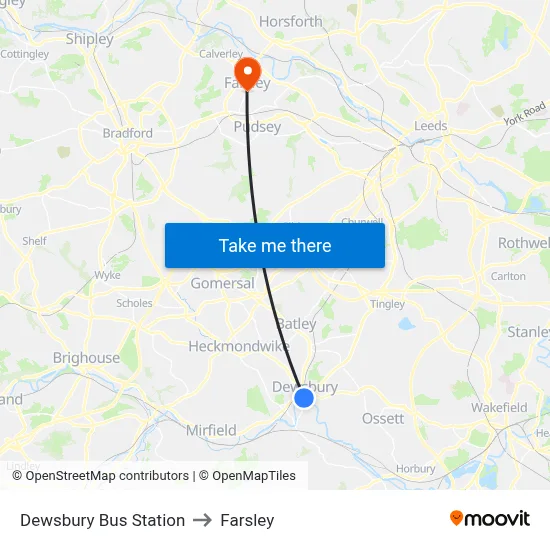 Dewsbury Bus Station to Farsley map
