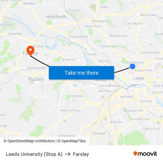 Leeds University (Stop A) to Farsley map