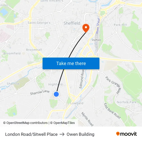 London Road/Sitwell Place to Owen Building map