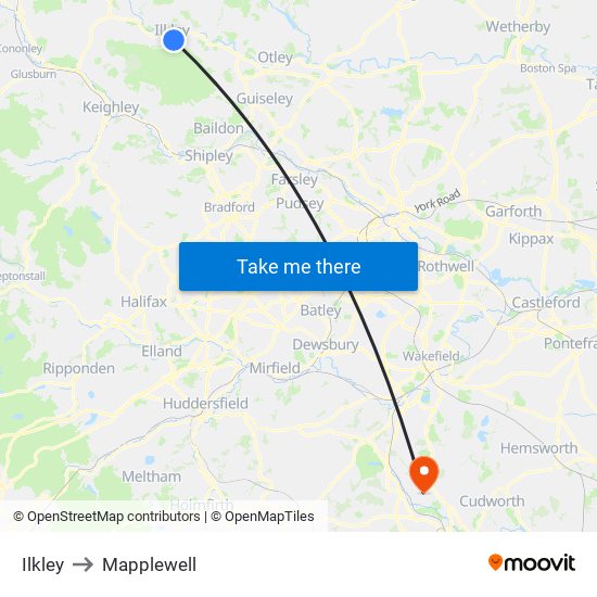 Ilkley to Mapplewell map