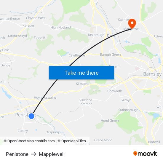 Penistone to Mapplewell map