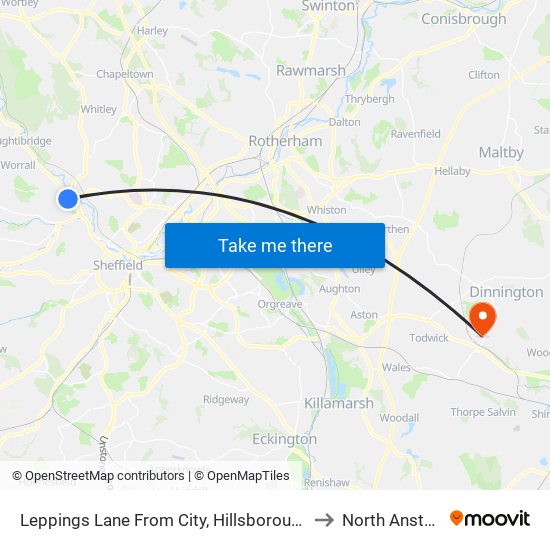 Leppings Lane (South Yorkshire Supertram), Hillsborough to North Anston map