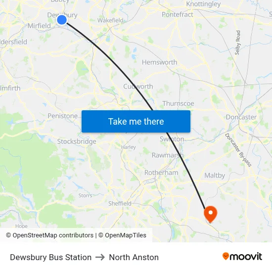Dewsbury Bus Station to North Anston map
