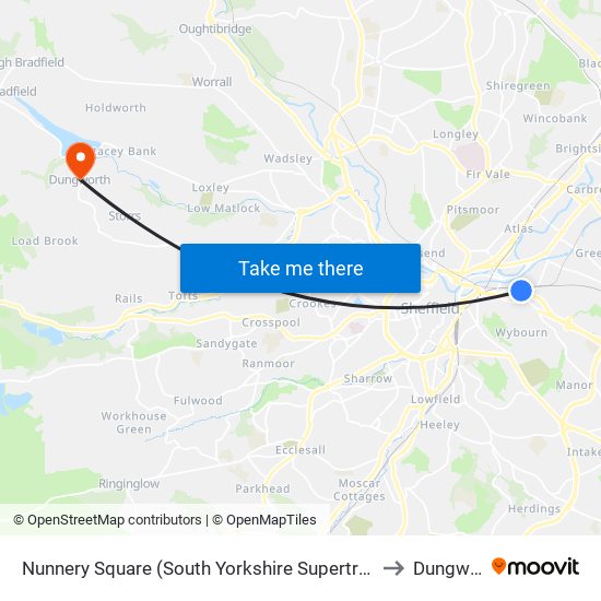 Nunnery Square (South Yorkshire Supertram), Attercliffe to Dungworth map