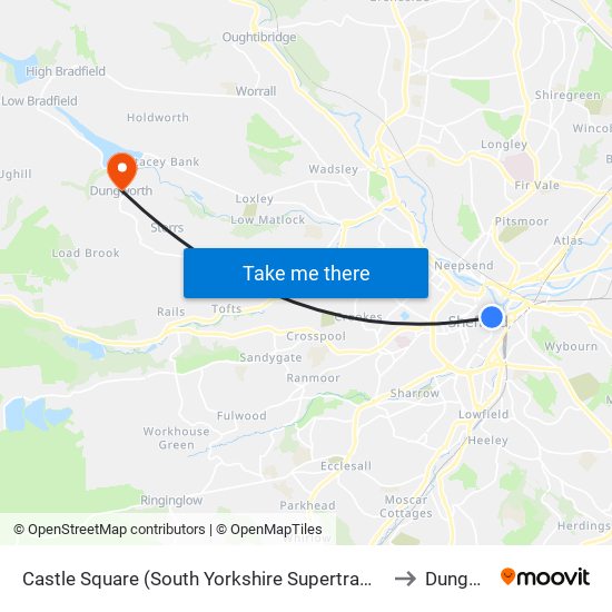 Castle Square From Cathedral, Sheffield Centre to Dungworth map