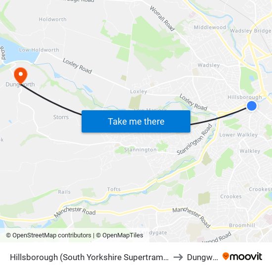 Hillsborough (South Yorkshire Supertram), Hillsborough to Dungworth map