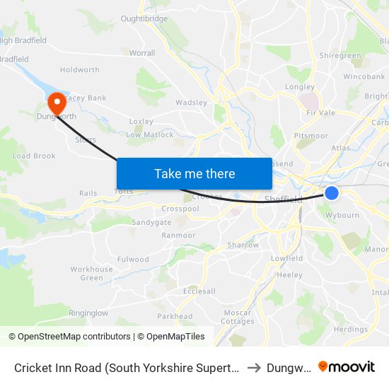 Cricket Inn Road (South Yorkshire Supertram), Park Hill to Dungworth map